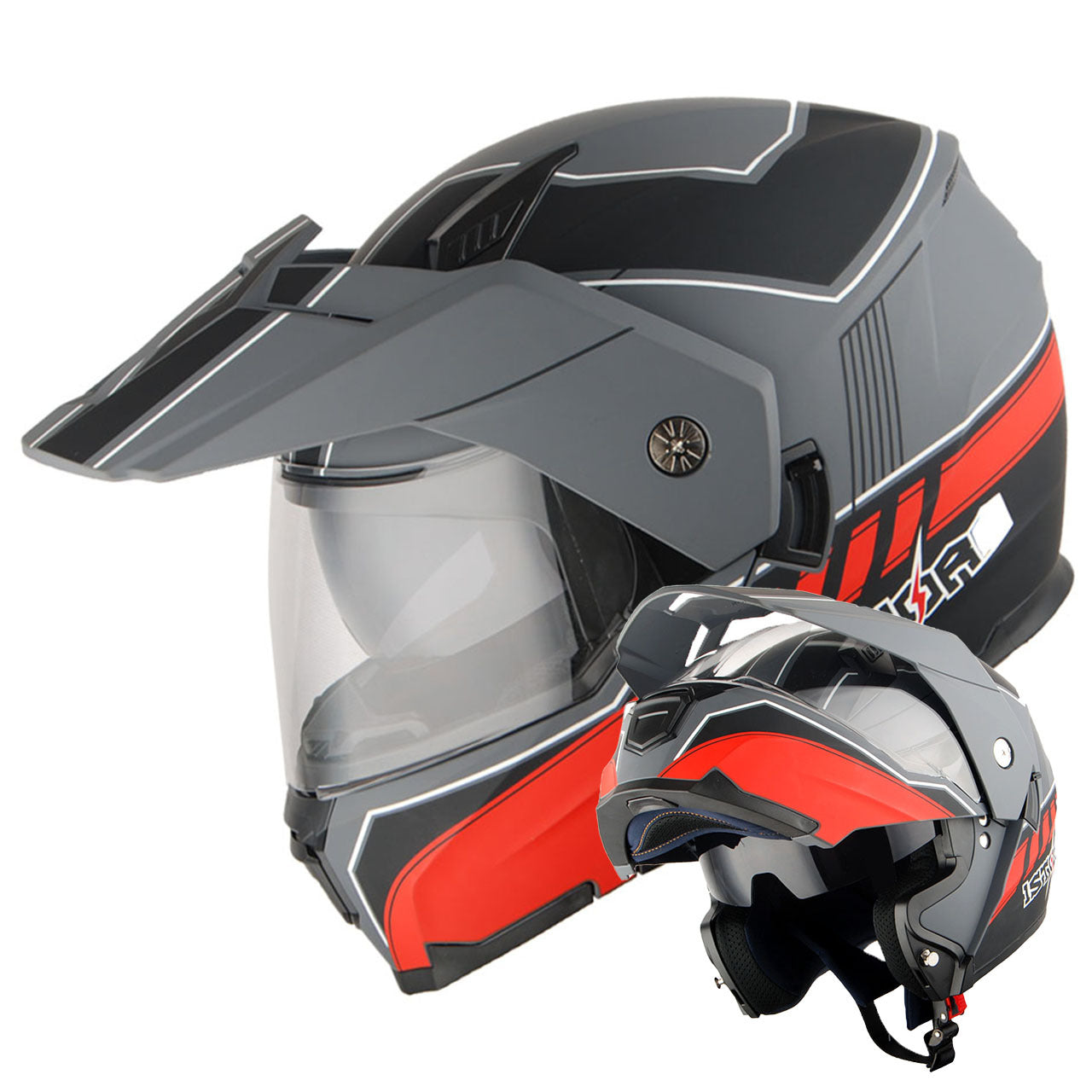 MOTORCYCLE HELMET MEN WOMEN DUAL SPORT MODULAR FLIP UP FULL FACE HELMET ADVENTURE DUAL VISOR: HJK910 DSPORT
