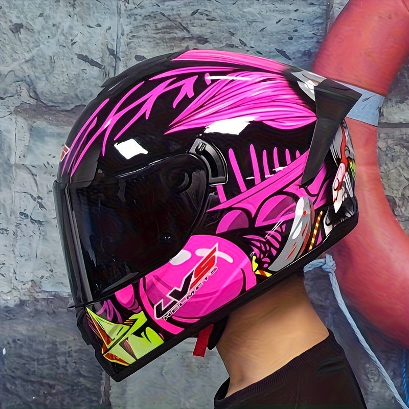 Unisex Full Face Motorcycle Helmet with Stylish Graphics - ABS Shell, Dual Visor & Ventilation System, Quick-Release Buckle
