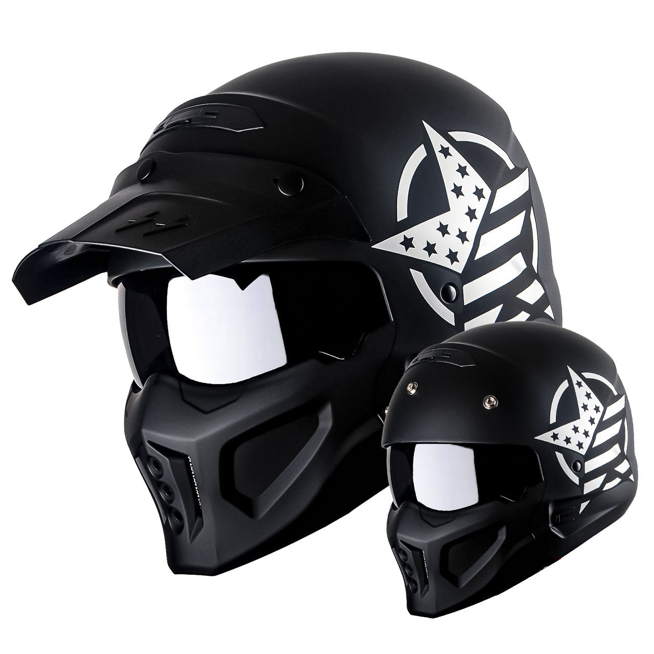Motorcycle Full Face Helmet Open Face Helmet with Smoked Shield (Detachable Visor & Face Mask)