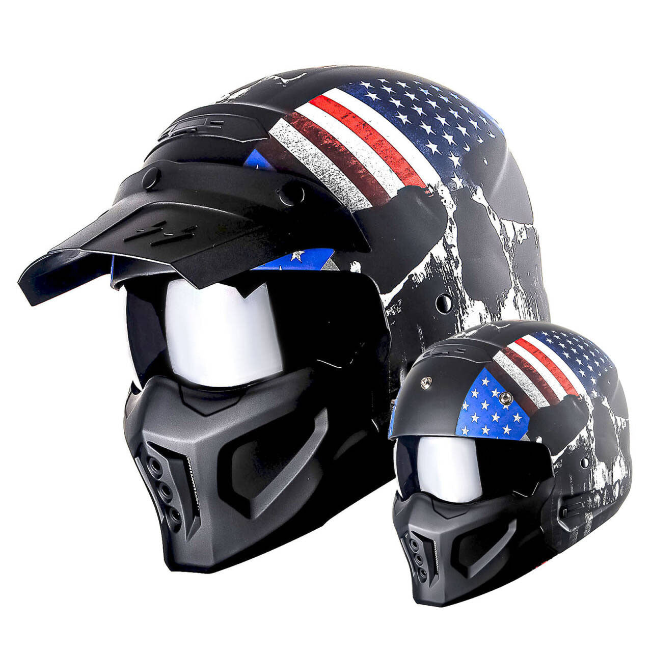 Motorcycle Full Face Helmet Open Face Helmet with Smoked Shield (Detachable Visor & Face Mask)